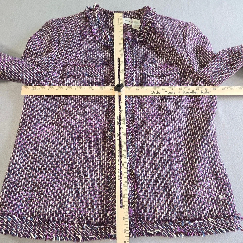 Alfred Dunner Tweed Jacket Womens 14 Purple Multi Fringe Open Front Woven Blazer